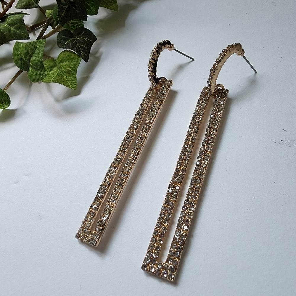 Gold Crystal Long Geometric Needle Bar Drop Earrings - Picture 3 of 6